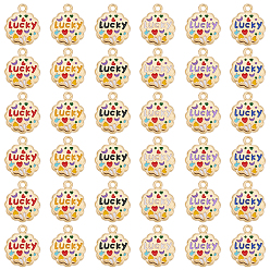 (52) Непрозрачная лаванда 36 шт 6 цвета подвески из сплава, с эмалью, золотой свет, цветок со словом повезло, разноцветные, 16.5x14x2 мм, отверстие : 1.5 мм, 6 ПК / цветов