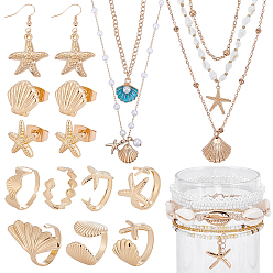 Golden Schmuck Sets, einschließlich Manschettenringe aus Legierung, Halsketten mit Anhänger aus Messing und Eisen, Halsketten mit Anhänger aus Legierung und Glas, Fußkettchen aus Kaurimuschel und Harz, Legierung Ohrringe, golden, Innendurchmesser: 17 mm