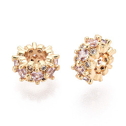 Настоящее золото 18K Латунные микро проложить Цирконий Европейский бисером, бусины с большим отверстием, плоско-круглые, розовые, реальный 18 k позолоченный, 9x4.5 мм, отверстие : 4 мм