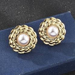 Золотой 201 плоские круглые серьги-гвоздики из нержавеющей стали, с 304 штифтами из нержавеющей стали и пластиковой имитацией жемчуга, ионное покрытие (ip), золотые, 24.5 мм