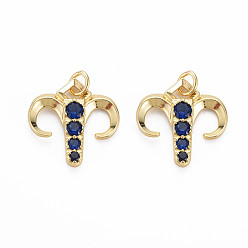 Dark Blue Brass Micro Pave Cubic Zirconia Pendants, Nickel Free, Golden, Aries, Dark Blue, 17.5x17.5x3mm, Hole: 3mm