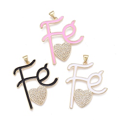 Mixed Color Brass Micro Pave Cubic Zirconia Pendants, with Enamel, Long-Lasting Plated, Golden, Letter and Heart, Mixed Color, 35x30.5x3mm, Hole: 3x5mm