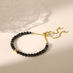 (946F)Морозный цвет внутри  Жонкиль / Непрозрачная зеленая подкладка Регулируемые браслеты-слайдеры из натуральных круглых бусин черного агата, 304 женские браслеты-цепочки из нержавеющей стали, реальный 18 k позолоченный, 6-3/4 дюйм (17 см)