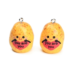 Amarillo Resina opaca con colgantes de aleación, patata con la palabra eres tú encantos, Platino, amarillo, 26.5x19.5x18 mm, agujero: 2 mm