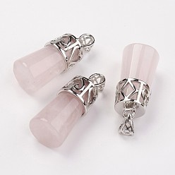 Rose Quartz Natural Rose Quartz Pendants, Column, with Brass Findings, Platinum, 30~32x14~15mm, Hole: 4.5x6mm