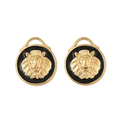 Черный 304 нержавеющей стальной эмали подвески, плоский круглый с подвесками в виде льва, реальный 18 k позолоченный, вакуумное покрытие pvd, чёрные, 22x18.5x4.5 мм, отверстие : 2x5.5 мм