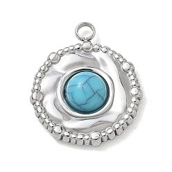 Stainless Steel Color Synthetic Turquoise Pendants, 304 Stainless Steel Flat Round Bezeled Charms, Stainless Steel Color, 18.5x15.5x4.5mm, Hole: 1.8mm