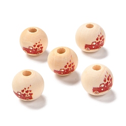 Red Printed Wood European Beads, Large Hole Beads, Round with Car and Heart Pattern, Red, 16x15mm, Hole: 4mm