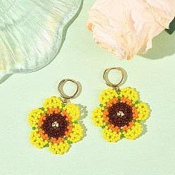 Yellow Glass Seed Bead Hoop Dangle Earrings, Flower, Brass Hoop Earrings for Women, Yellow, 47.5~48.5x37~38mm