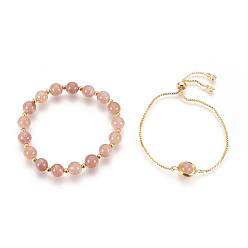 Quartz Natural Strawberry Quartz Bracelets Sets, Slider Bracelets and Stretch Bracelets, with Brass Findings, Round, 2 inch(5cm), 8-5/8 inch(22cm), 2pcs/set