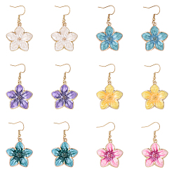 Mixed Color 6 Pairs 304 Stainless Steel Dangle Earrings, with Alloy Enamel Flower Pendants, Golden, Mixed Color, 46mm