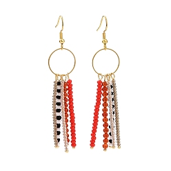 Real 18K Gold Plated Natural Red Agate & Glass Seed Beaded Tassel Earrings,  Dangle Earrings for Women, Real 18K Gold Plated, 77.8mm, Pin: 0.7mm