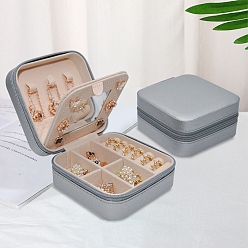 Dark Gray Mini Travel Imitation Leather Storage Box for Women, Square Portable Jewelry Case Organizer for Earrings Rings, with Snap Button and Mirror, Dark Gray, 10x10x5cm