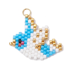 Синий Стеклянные подвески из бисера, из нержавеющей стали поиска, птица, синие, 21x24x2 мм, отверстие : 3 мм