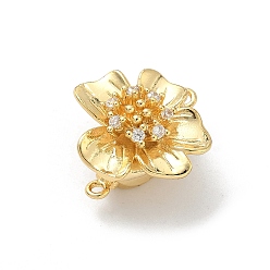 Настоящее золото 18K Застежки-коробочки с цветочным латунным микропаве из прозрачных кубических цирконий, долговечный, стойки покрытие, без свинца и без кадмия, 1 нитей, 2-луночное, реальный 18 k позолоченный, 18.5x17x10 мм, отверстие : 1.2 мм