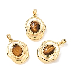 Настоящее золото 18K Природных тигровый глаз подвески, Овальные подвески из латуни с защелкивающимися креплениями., реальный 18 k позолоченный, 20x16x5 мм, отверстие : 4x3 мм