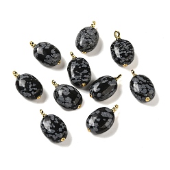 Real 18K Gold Plated Natural Snowflake Obsidian Pendants, Oval Charms with Rack Plating Brass Loops, Long-Lasting Plated, Real 18K Gold Plated, 27~28x15~15.5x10~10.5mm, Hole: 3mm