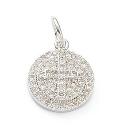 Платина Латунные микропаве прозрачные подвески с фианитом, долговечный, плоские круглые с крестом, платина, 16x13x3 мм, отверстие : 5 мм