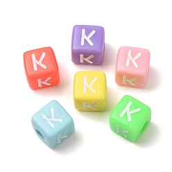 Couleur Mélangete Perles européennes opaques acrylique, Perles avec un grand trou   , cube avec la lettre k, couleur mixte, 10x9x9~9.5mm, Trou: 4mm, environ580 pcs / 500 g