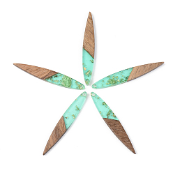 Бледно-бирюзовый Подвески из прозрачной смолы и ореха, золотой фольгой, лист, бледные бирюзовая, 43x7x3 мм, отверстие : 1.6 мм