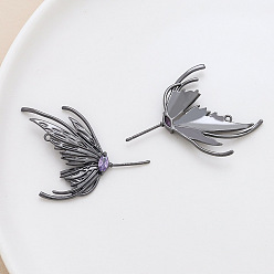 Gunmetal Brass Pave Medium Purple Cubic Zirconia Wing Head Pins, for Baroque Pearl Making, Gunmetal, 42x28mm