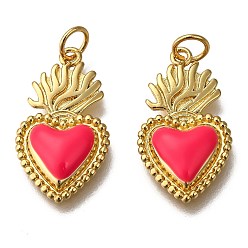 Deep Pink Golden Tone Brass Enamel Pendants, with Jump Rings, Long-Lasting Plated, Heart, Deep Pink, 22x12x3mm, Hole: 3.5mm