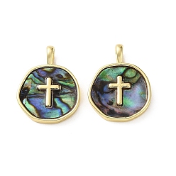 Colorful Brass Pendants, with Paua Shell, Flat Round with Cross Charms, Cadmium Free & Lead Free, Rack Plating, Long-Lasting Plated, Real 18K Gold Plated, Colorful, 20x15x2mm, Hole: 3.5x2.5mm