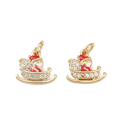 Santa Claus Рождественские латунные эмалевые подвески с микропаве из кубических цирконий, с целью перехода в кольце, без свинца и без кадмия, долговечный, стойки покрытие, реальный 18 k позолоченный, Дед Мороз, 9.5x11x2 мм, отверстие : 2 мм
