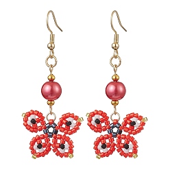 Красный Болтающие серьги из стекла, с 304 швензами из нержавеющей стали, бабочка, красные, 57.5x25.5 мм