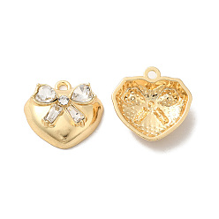 Golden Clear Glass Pendants, Rack Plating Alloy Findings, Nickel Free, Heart with Bowknot Charms, Golden, 16.5x17x6mm, Hole: 1.6mm