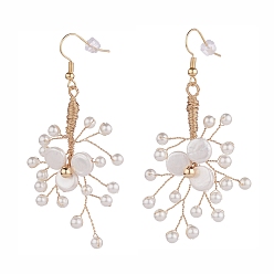 Golden Brass Shell Pearl Hoop Earrings, Dangle Earrings, Copper Wire Wrapped, Golden, 67~72.5mm, Pin: 0.6mm