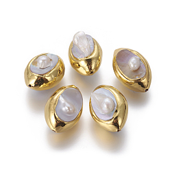 Golden Natural Baroque Pearl Cultured Freshwater Pearl Beads, with Golden Plated Brass Findings, Nuggets, Golden, 28~30x19~21x14~17mm, Hole: 1mm