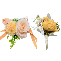 Персиковый Слойка Craspire 2 шт 2 стиль шелковые броши с розами на запястье и цветочные шелковые броши, для свадьбы, партийные украшения, розовые, брошь: 145x115x49 мм, штифты : 0.7 мм, запястье: 64.5x10 мм