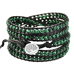 Malachite Adjustable Alloy Tree of Life Synthetic Malachite Round Beaded Wrap Bracelets for Women, Antique Silver, 35.43 inch(90cm)