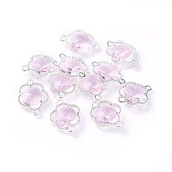 Pink Glass Links connectors, with Eco-Friendly Alloy Open Back Berzel Findings, Faceted, Flower, Silver Color Plated, Pink, 15.5x12x4mm, Hole: 1.4mm