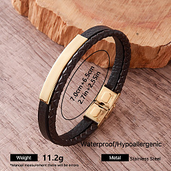 Golden Vintage 304 Stainless Steel Leather Bracelets for Men, Hip Hop Style Jewelry, Black, Golden, Inner Diameter: 2.76 inch(7cm)