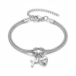 Нержавеющая Сталь Цвет День матери 304 Браслеты из нержавеющей стали в виде змеиной цепочки, двухслойные, браслеты с подвесками для женщин, сердце с мамой и крестом, цвет нержавеющей стали, 6.69 дюйм (17 см)