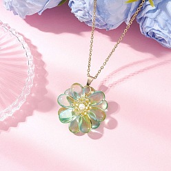 Зеленый лайм Стекло ожерелья шкентеля, с бусинами из ракушек и 304 цепочкой из нержавеющей стали, ожерелье для женщин, цветок, зеленый лайм, 17.68 дюйм (44.9 см)