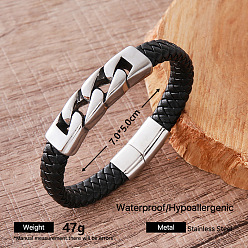 Others Vintage 304 Stainless Steel Black Braided PU Leather Cord Bracelets for Men, with Magnetic Clasps, Stainless Steel Color, Cuban Link, Inner Diameter: 2.76 inch(7cm)