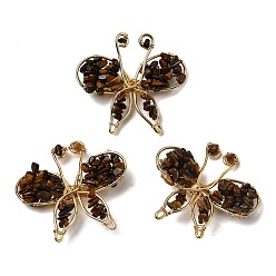 Тигровый глаз Брошь-бабочка из натурального тигрового глаза, латунные и железные булавки для одежды, золотые, 45~47x48~50 мм