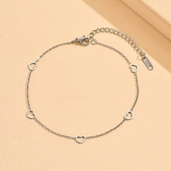 Нержавеющая Сталь Цвет Сердце 304 браслеты на ногу из нержавеющей стали с цепочкой для женщин, цвет нержавеющей стали, 8-5/8 дюйм (220 мм)