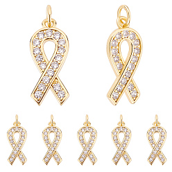 Plaqué 18K Or Véritable 10 pcs laiton micro pavé pendentifs en zircone cubique claire, avec anneau de saut, plaqué longue durée, Forme de ruban de sensibilisation, réel 18 k plaqué or, 21x9x2mm, Anneaux: 5x1 mm, 3 mm de diamètre intérieur 