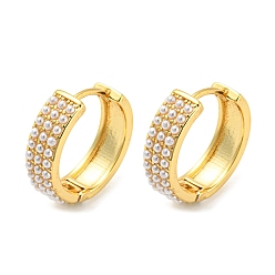 Real 18K Gold Plated Brass Hoop Earrings with Imitation Pearl Beaded, Long-Lasting Plated, Cadmium Free & Lead Free, Real 18K Gold Plated, 19x20x6mm