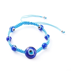 Deep Sky Blue Adjustable Nylon Thread Braided Bead Bracelets, with Handmade Evil Eye Lampwork Beads, Deep Sky Blue, Inner Diameter: 2~3-3/8 inch(5~8.5cm)