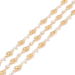 Golden Handmade Brass Clover Link Chains, with Round Glass Pearl Beads, Long-Lasting Plated, Soldered, with Spool, Lead Free & Cadmium Free, Golden, Link: 7.5x12x2mm, 3mm