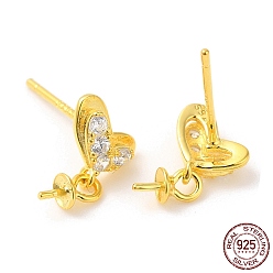 Real 18K Gold Plated 925 Sterling Silver Stud Earring Findings, Heart Dangle Earrings, with Cubic Zirconia, for Half Drilled Beads, Real 18K Gold Plated, 10x7.5x2mm, Pin: 0.6mm