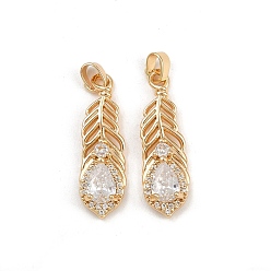 Настоящее золото 18K Латунные микро проложить кубического циркония подвески, перо, реальный 18 k позолоченный, 26.5x8x4 мм, отверстие : 3x2.5 мм