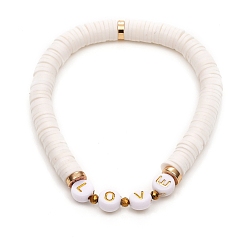 Blanc Bracelets élastiques faits à la main de perles heishi en pâte polymère, pour Saint Valentin, laiton perles d'espacement, des billes de verre et des perles d'acrylique de placage, mot d'amour, blanc, diamètre intérieur: 2-1/8 pouce (5.5 cm)