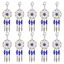 Синий 24шт. плетеная сетка/паутина с перьями в тибетском стиле, подвесные украшения из сплава, с бусинами лэмпворк от сглаза ручной работы и застежками из сплава в виде когтей лобстера, подвески на клипсах, синие, 90 мм