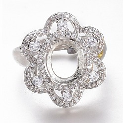 Platinum Adjustable Brass Micro Pave Clear Cubic Zirconia Finger Ring Components, 4 Claw Prong Ring Settings, Long-Lasting Plated, Flower, Clear, Platinum, US Size 7, Inner Diameter: 17.3mm, Tray: 10x8mm